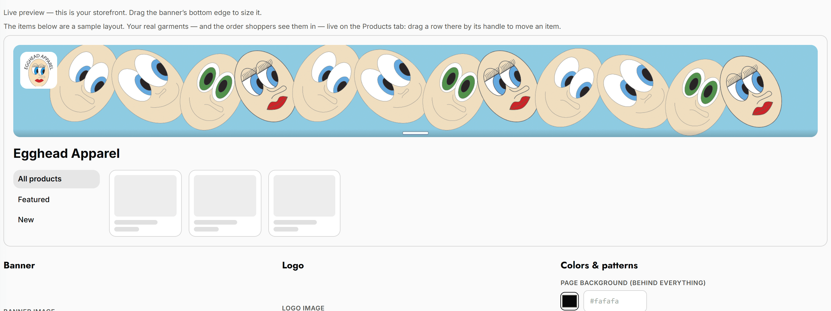 The storefront branding editor: the store's banner and logo previewed live above the color and category settings.