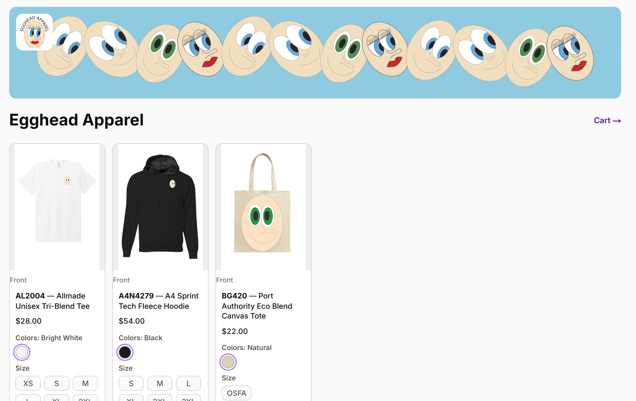 A live BrandID storefront: the store's own banner and logo above its products, each shown on the real garment with its price, color and sizes.
