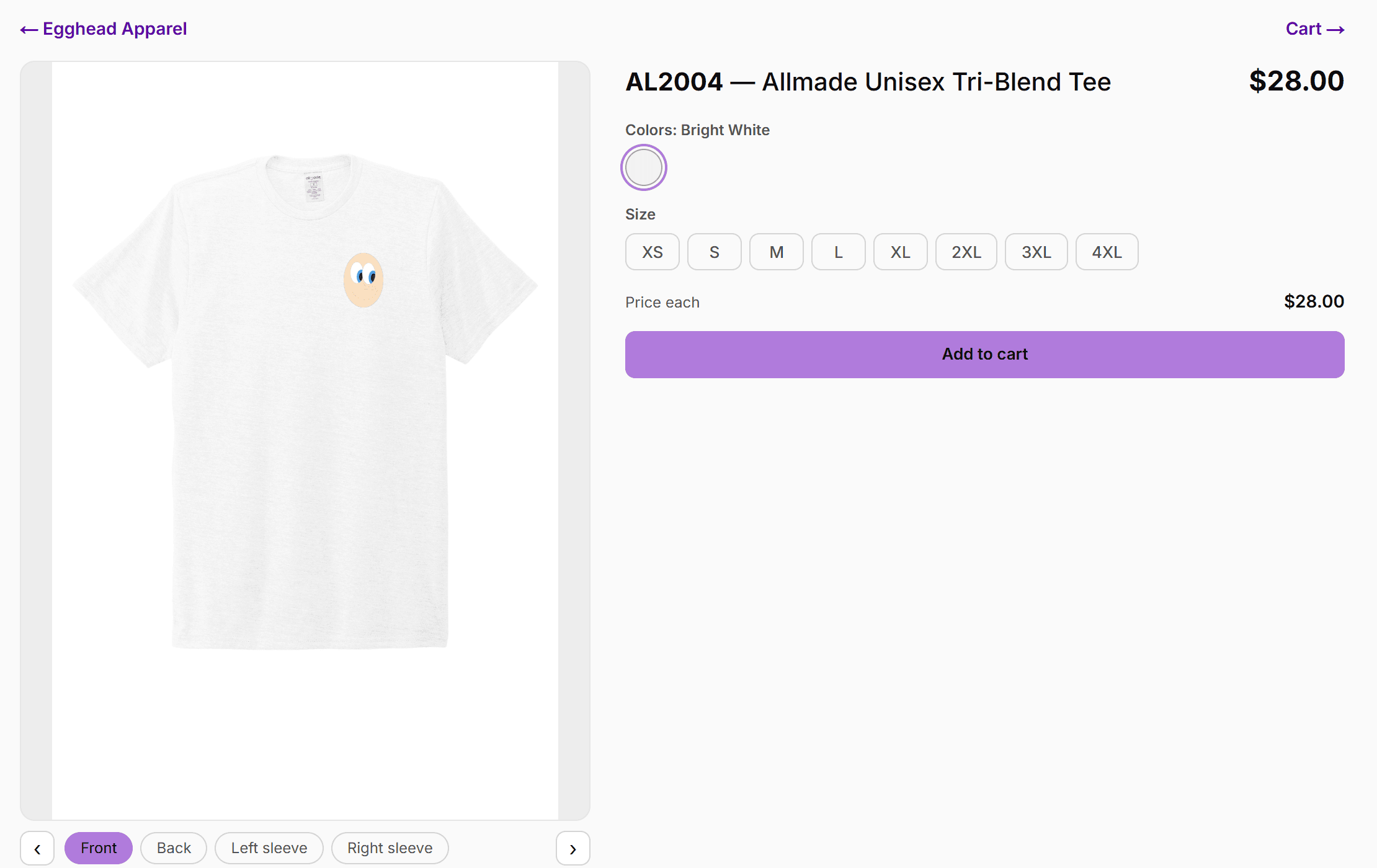 A product page on a live store: the design on the real garment, with the colorway, the sizes and the price.